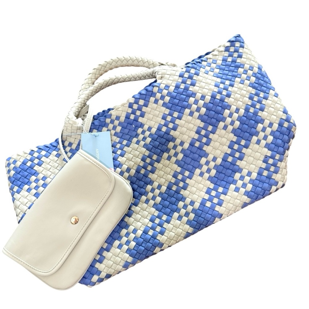 Antonio Melani Blue and Ivory Neoprene Woven Tote Bag NWT